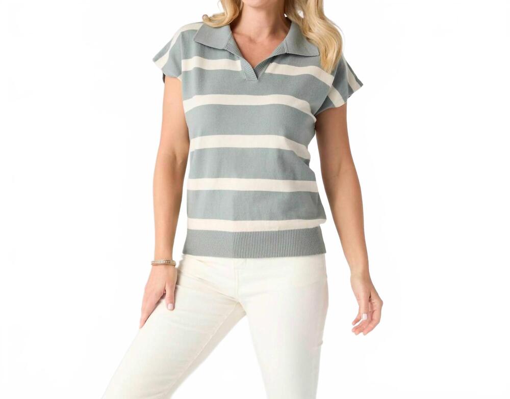 NEW COCO + CARMEN women's lightweight heavenly luxe v neck stripe top in sage/wh